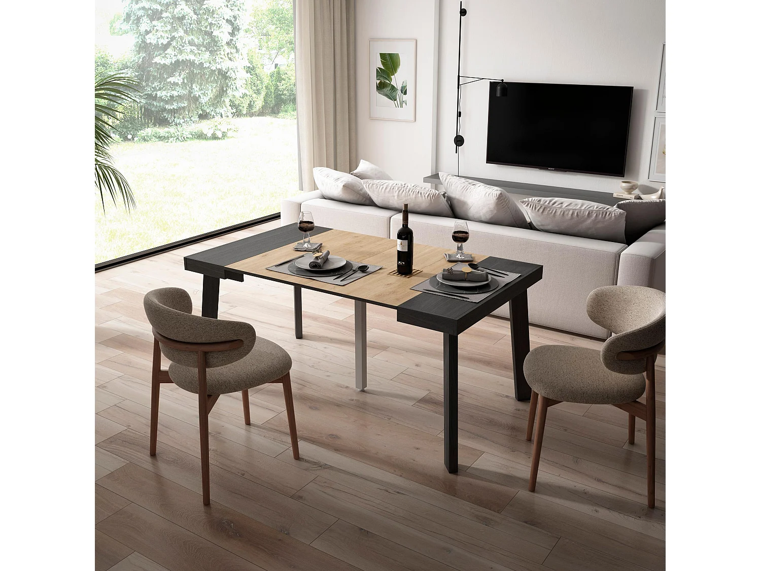 Uitschuifbare Consoletafel, 160x90x73cm, Voor 8 personen, Houten poten, Zwart/Eiken