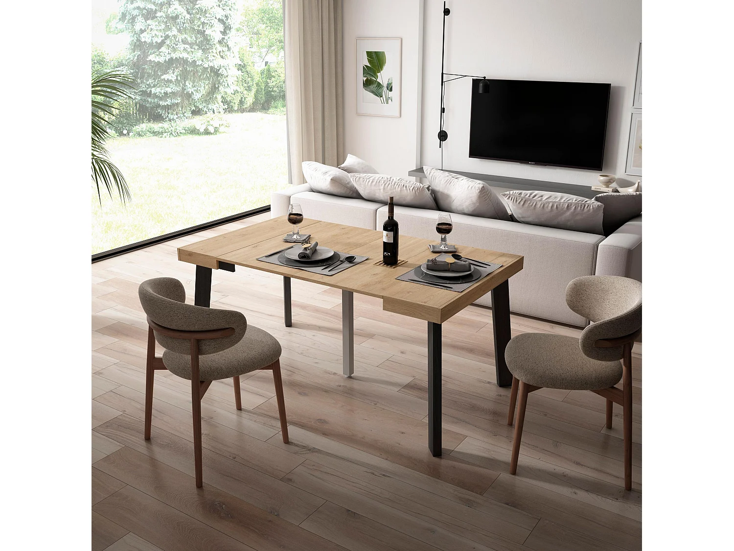 Table console extensible, 160x90x73cm, Pour 8 personnes, Pieds en bois, Chêne