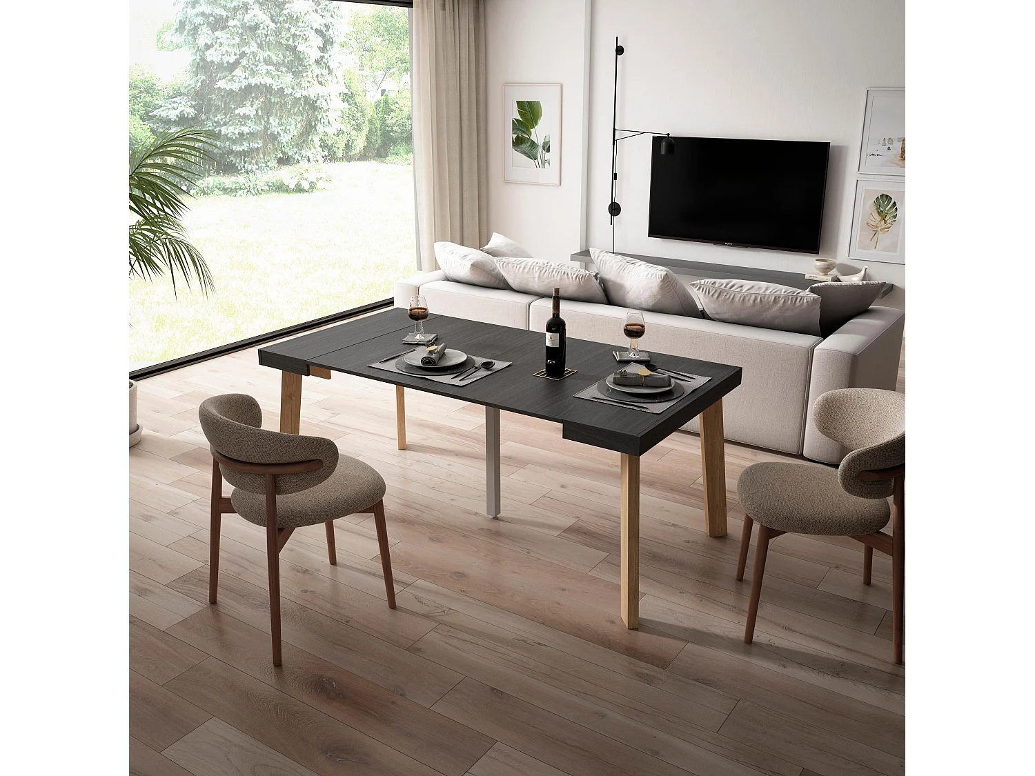 Table console extensible, 180x90x73cm, Pour 8 personnes, Pieds en bois, Noir
