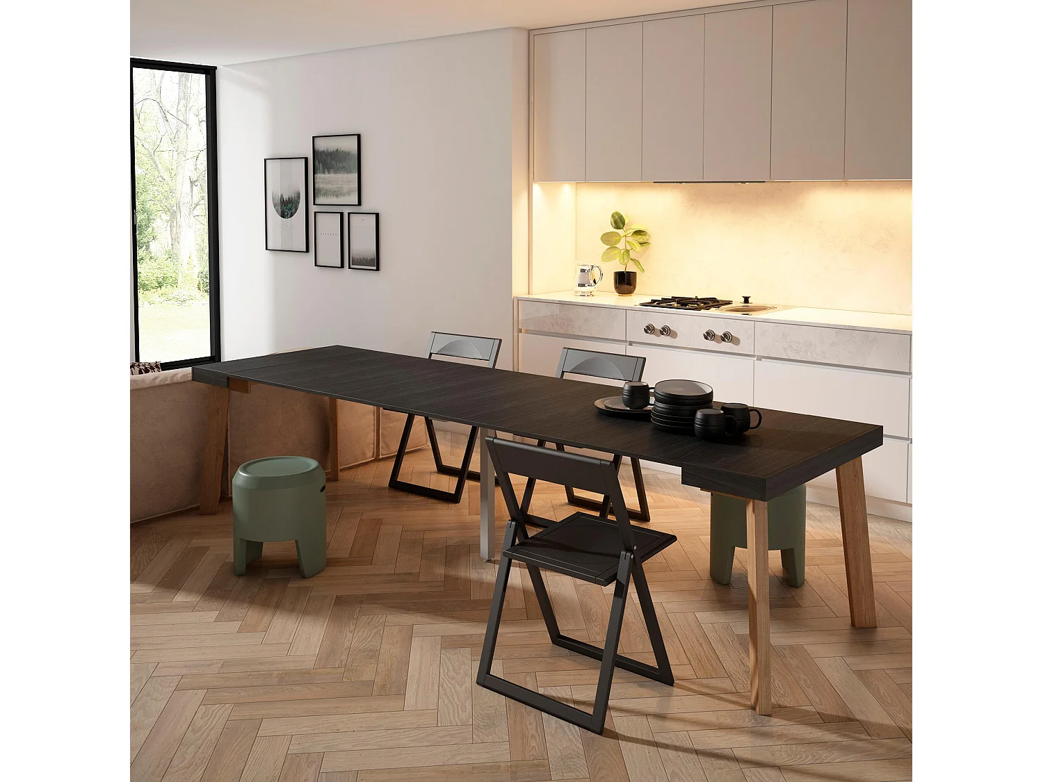 Table console extensible, 302x90x73cm, Pour 14 personnes, Pieds en bois, Noir