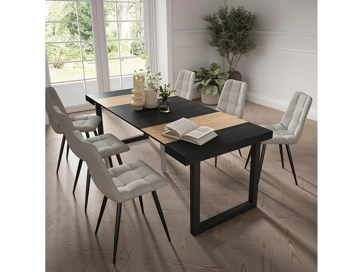 Table console extensible, 222x90x73cm, Pour 10 personnes, Pieds bois massif, Chêne et noir