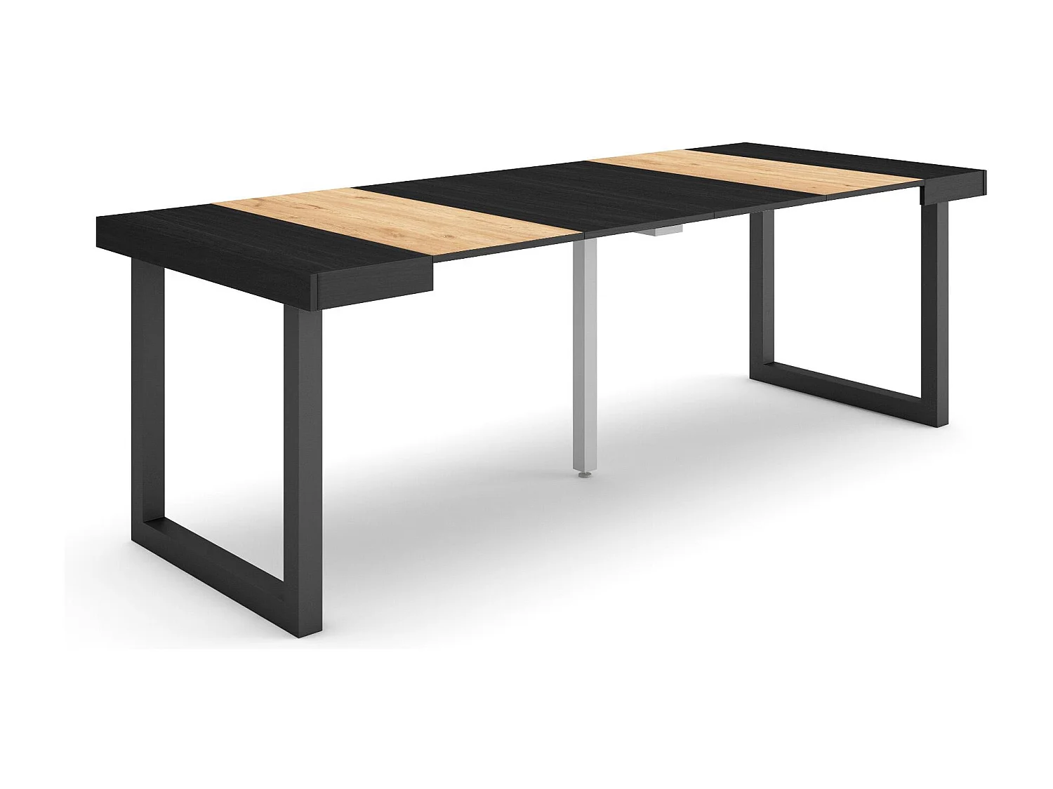 Table console extensible, 222x90x73cm, Pour 10 personnes, Pieds bois massif, Chêne et noir