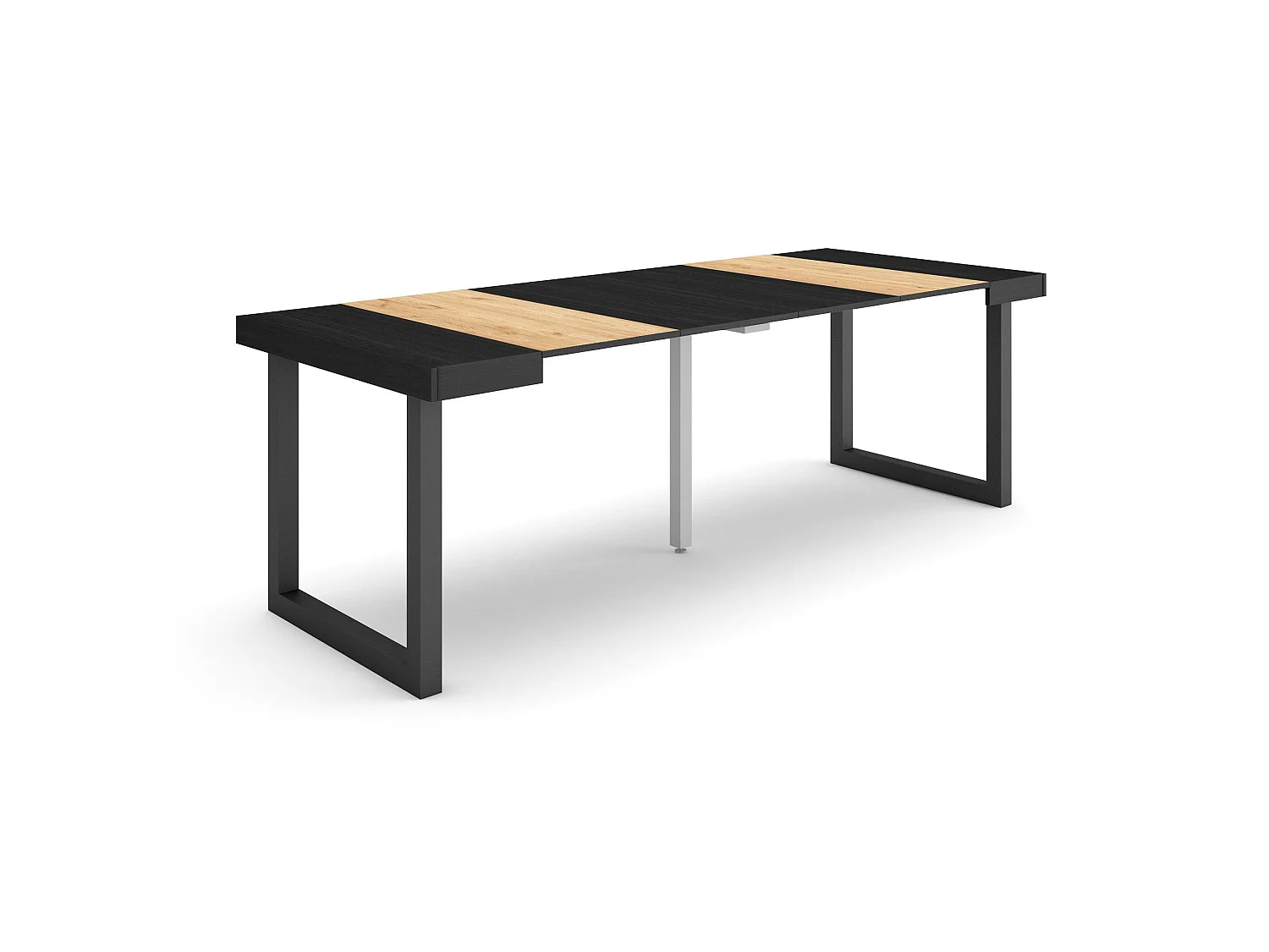 Table console extensible, 222x90x73cm, Pour 10 personnes, Pieds bois massif, Chêne et noir