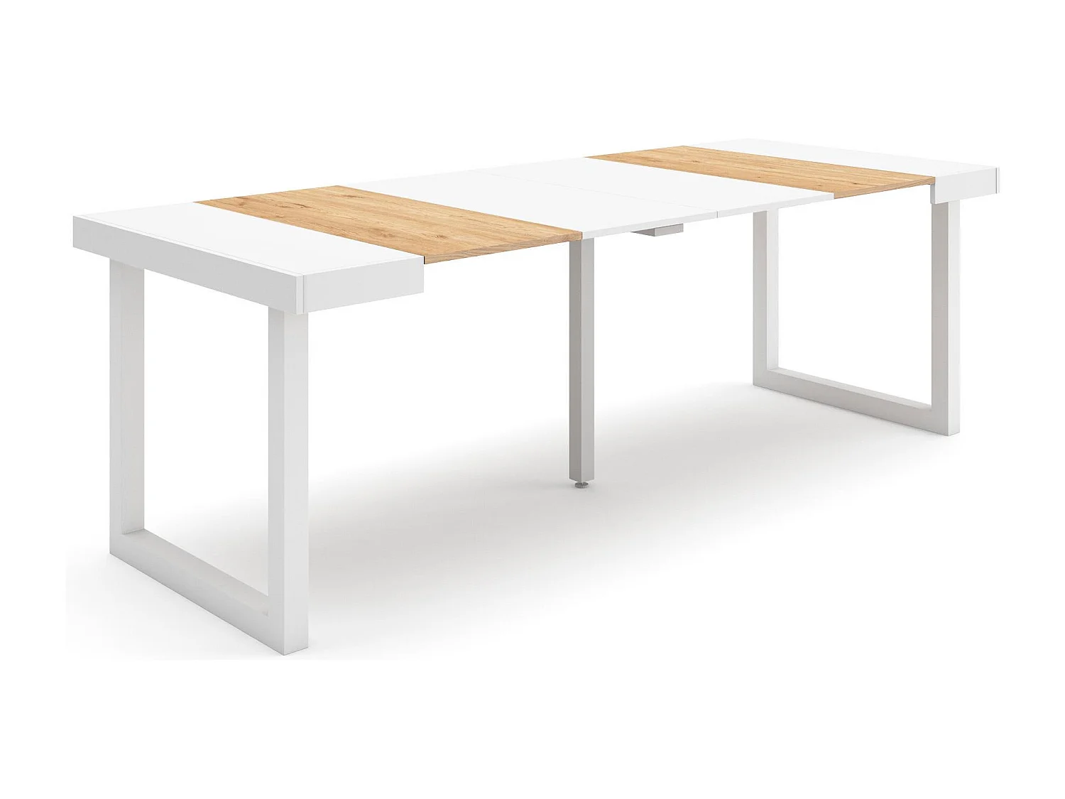 Ausziehbarertisch, 222x90x73cm, Für 10 Gäste, Massivholz Beine, Eiche und weiß