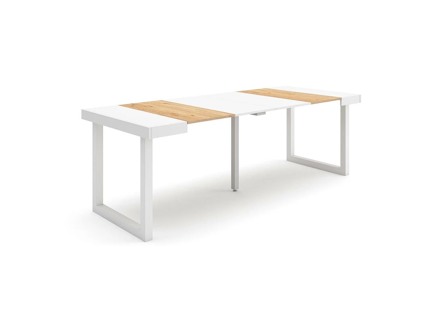 Table console extensible, 222x90x73cm, Pour 10 personnes, Pieds bois massif, Chêne et blanc