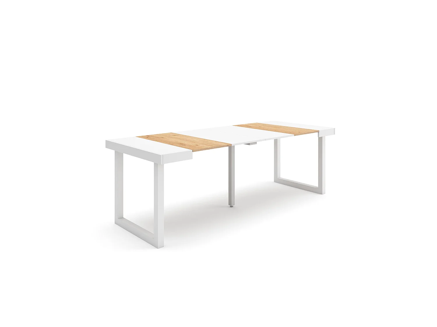 Table console extensible, 222x90x73cm, Pour 10 personnes, Pieds bois massif, Chêne et blanc