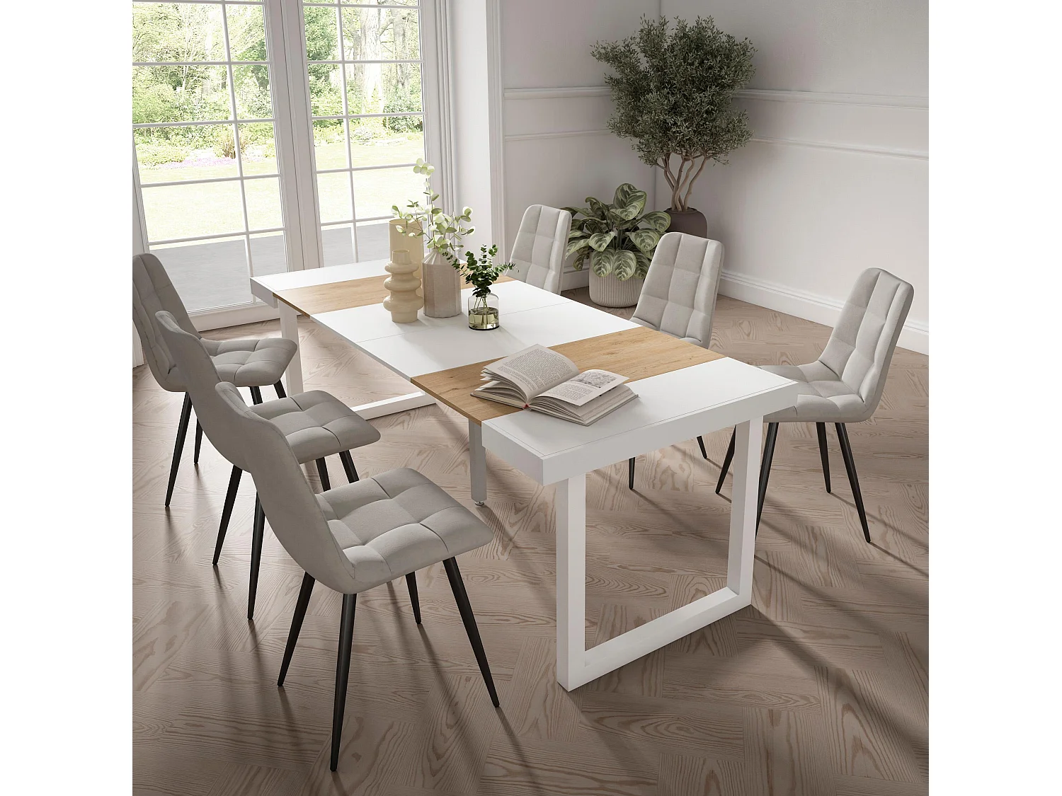 Table console extensible, 222x90x73cm, Pour 10 personnes, Pieds bois massif, Chêne et blanc
