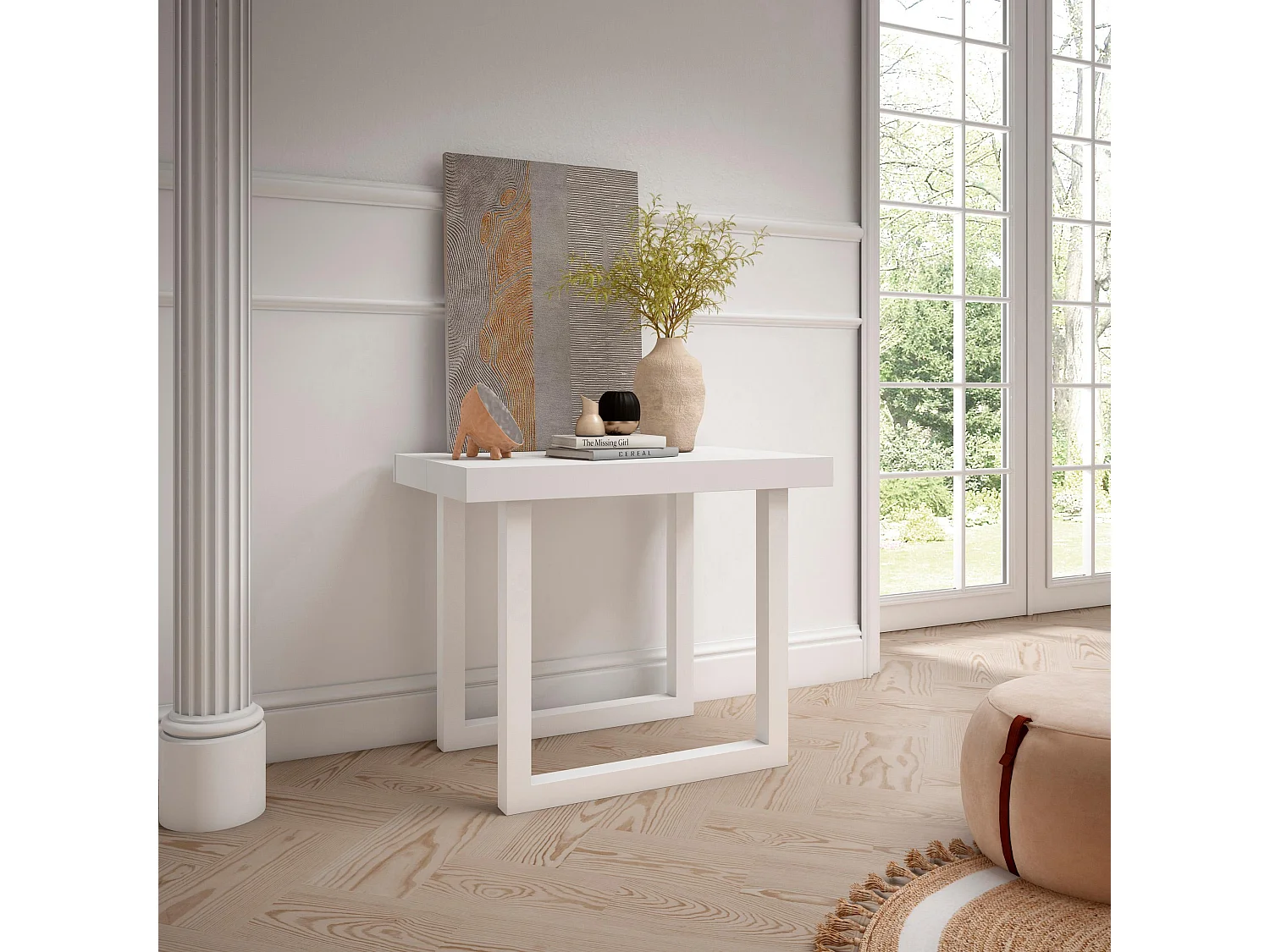 Table console extensible, 222x90x73cm, Pour 10 personnes, Pieds bois massif, Chêne et blanc