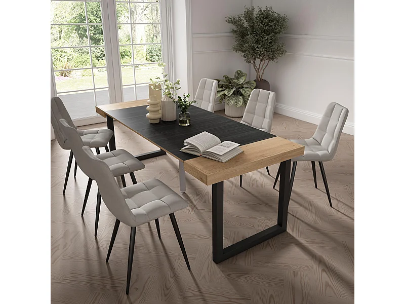 Ausziehbarertisch, 222x90x73cm, Für 10 Gäste, Massivholz Beine, Eiche Schwarz