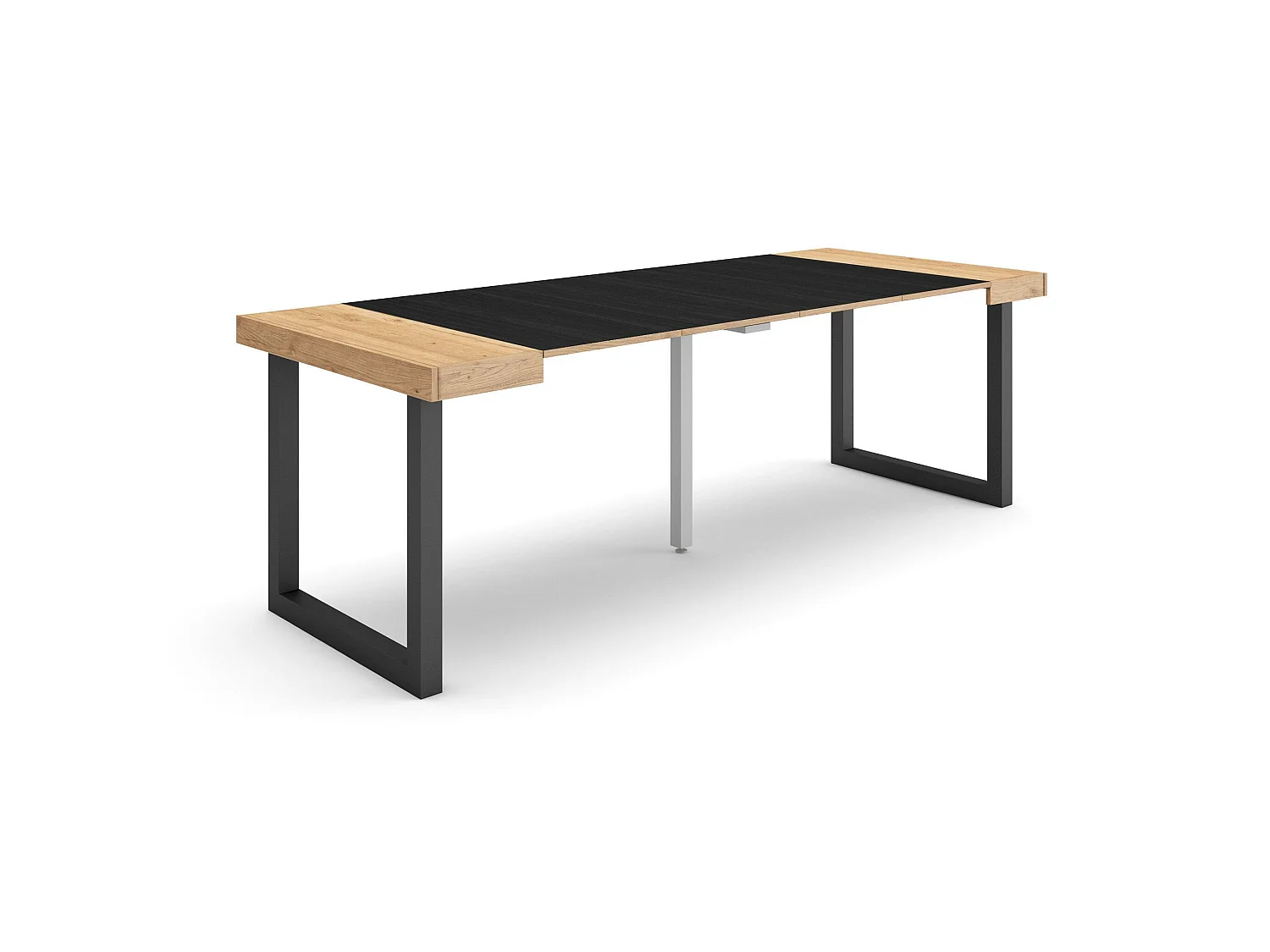 Table console extensible, 222x90x73cm, Pour 10 personnes, Pieds bois massif, Chêne et noir