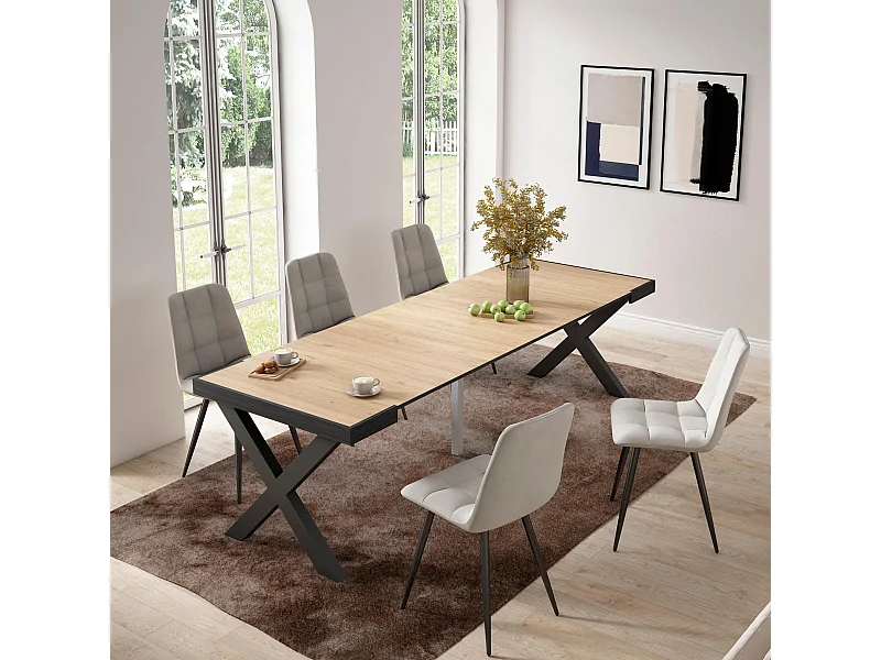 Ausziehbarertisch, 262x90x73cm, Für 12 Gäste, Massivholz Beine, Eiche Schwarz