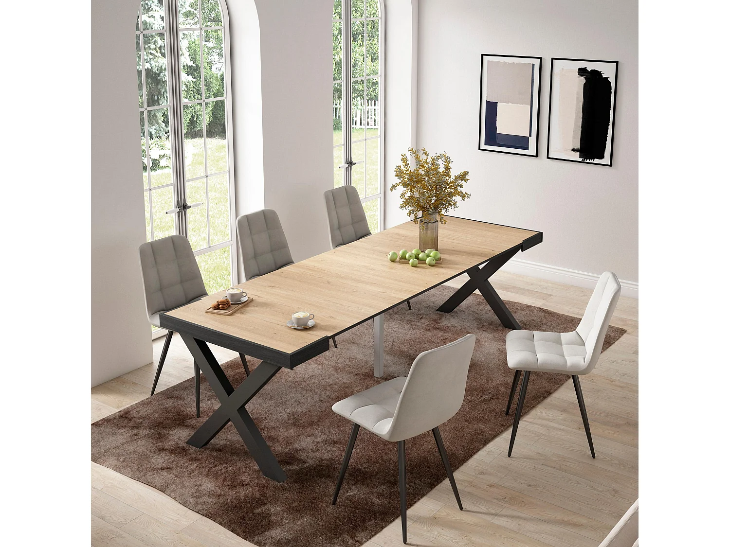 Uitschuifbare Consoletafel, 262x90x73cm, Voor 12 personen, Massief houten poten, Eiken/Zwart