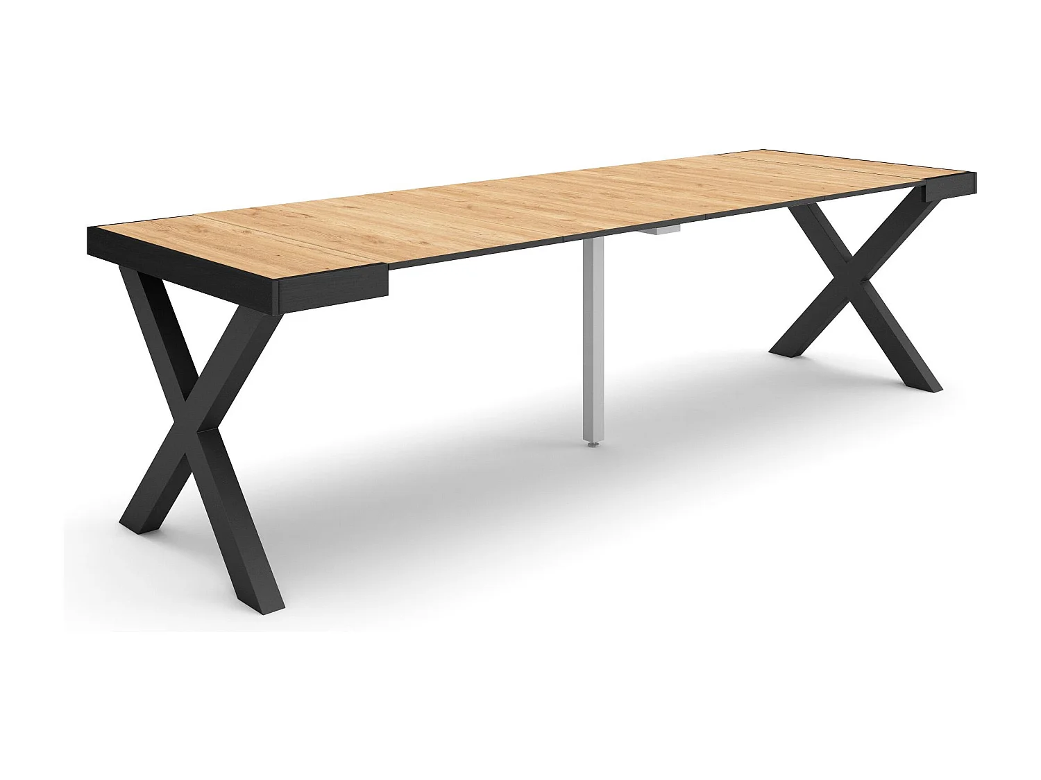 Uitschuifbare Consoletafel, 262x90x73cm, Voor 12 personen, Massief houten poten, Eiken/Zwart