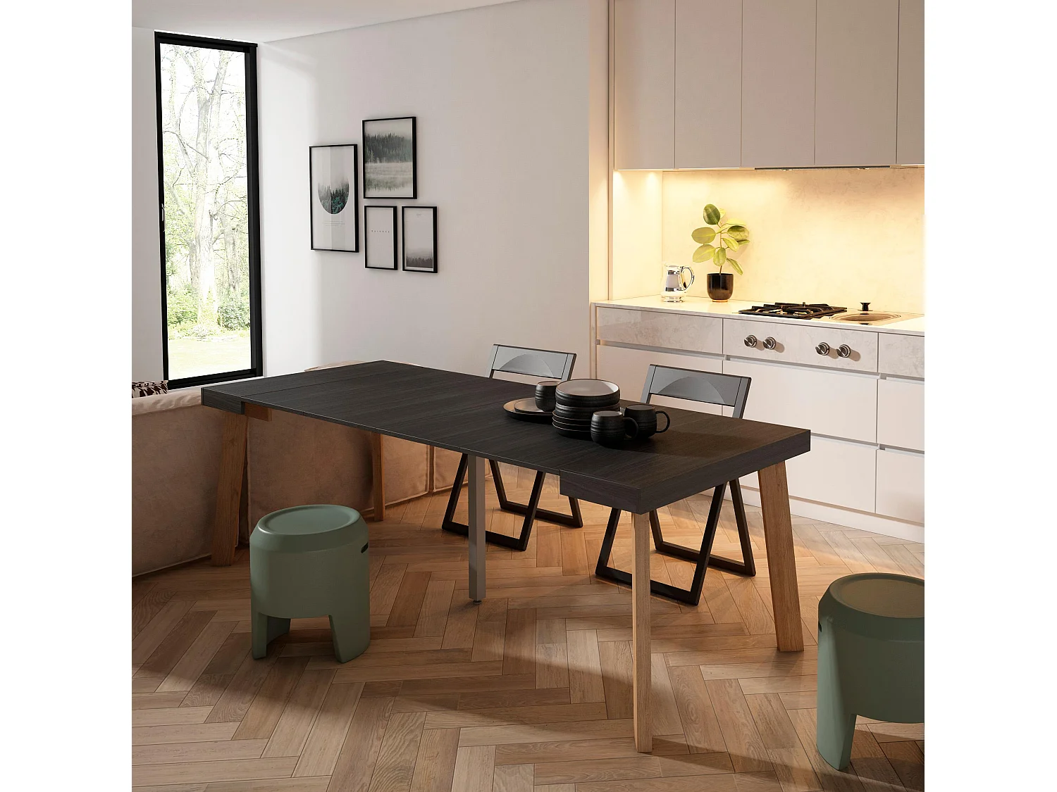 Table console extensible, 222x90x73cm, Pour 10 personnes, Pieds en bois, Noir