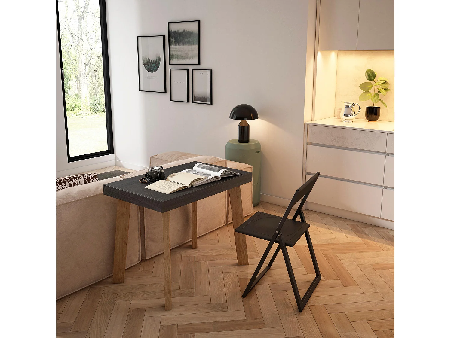 Table console extensible, 222x90x73cm, Pour 10 personnes, Pieds en bois, Noir