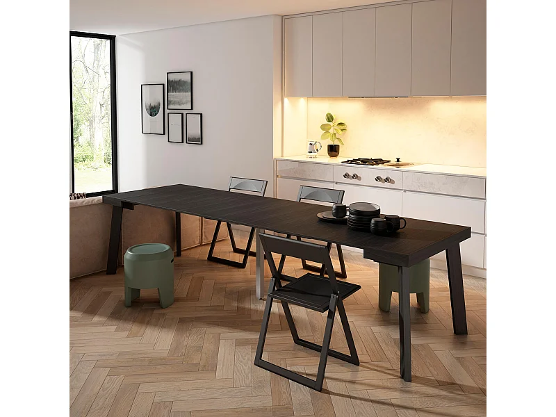 Ausziehbarertisch, 302x90x73cm, Für 14 Gäste, Hölzerne Beine, Schwarz