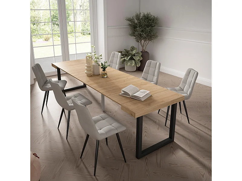 Uitschuifbare Consoletafel, 302x90x73cm, Voor 14 personen, Massief houten poten, Eiken