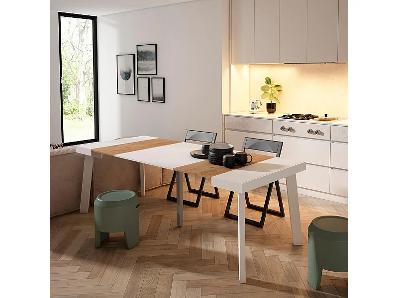 Uitschuifbare Consoletafel, 222x90x73cm, Voor 10 personen, Houten poten, Eiken/Wit