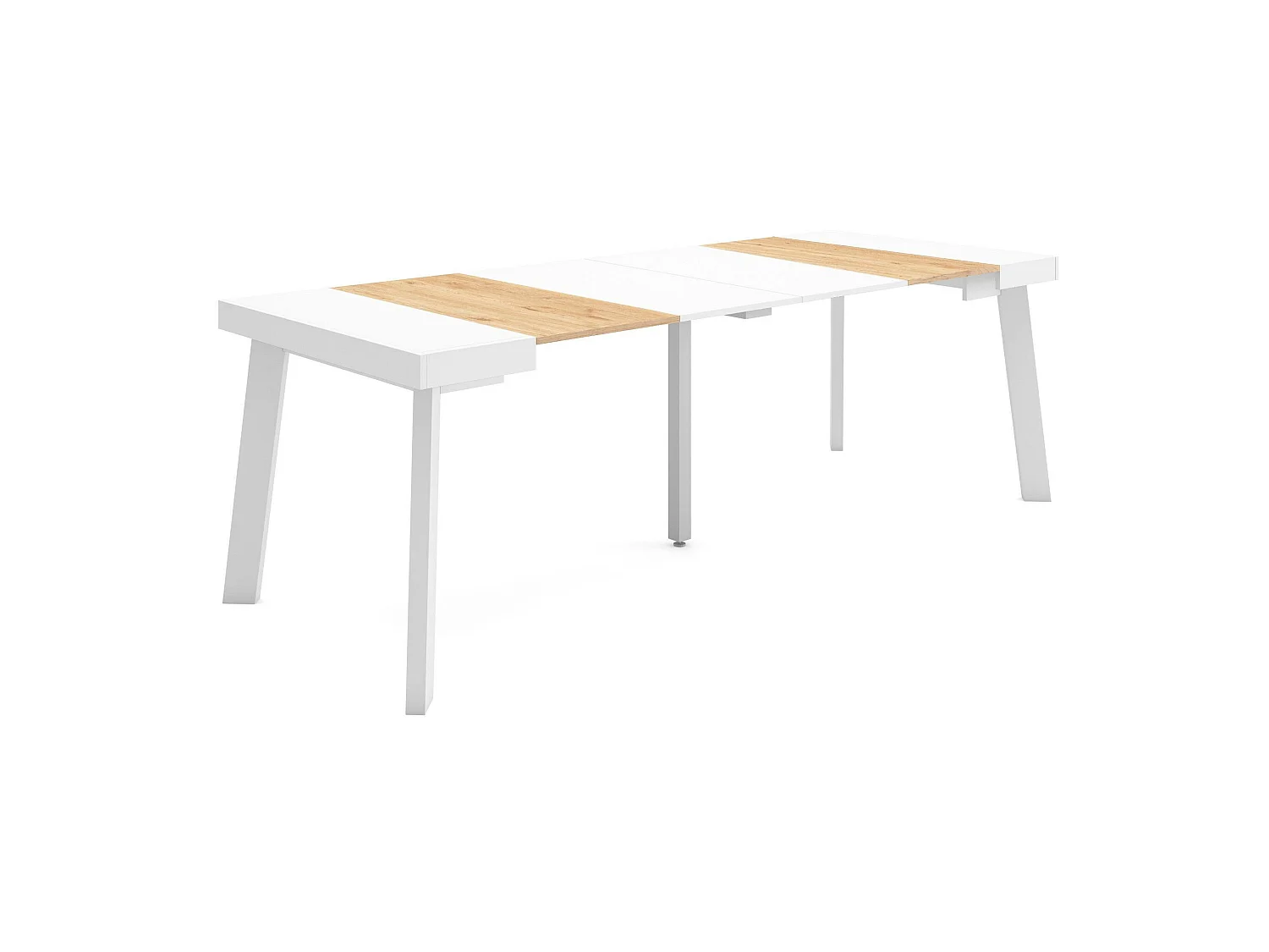 Table console extensible, 222x90x73cm, Pour 10 personnes, Pieds en bois, Chêne et blanc