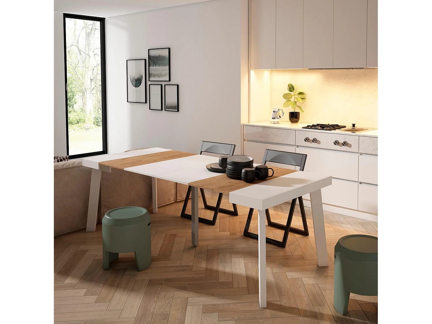 Table console extensible, 222x90x73cm, Pour 10 personnes, Pieds en bois, Chêne et blanc