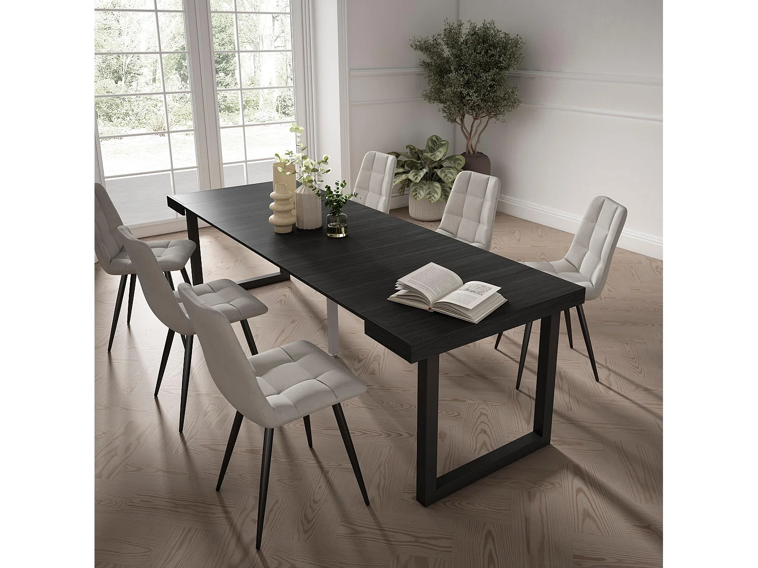 Table console extensible, 262x90x73cm, Pour 12 personnes, Pieds bois massif, Noir