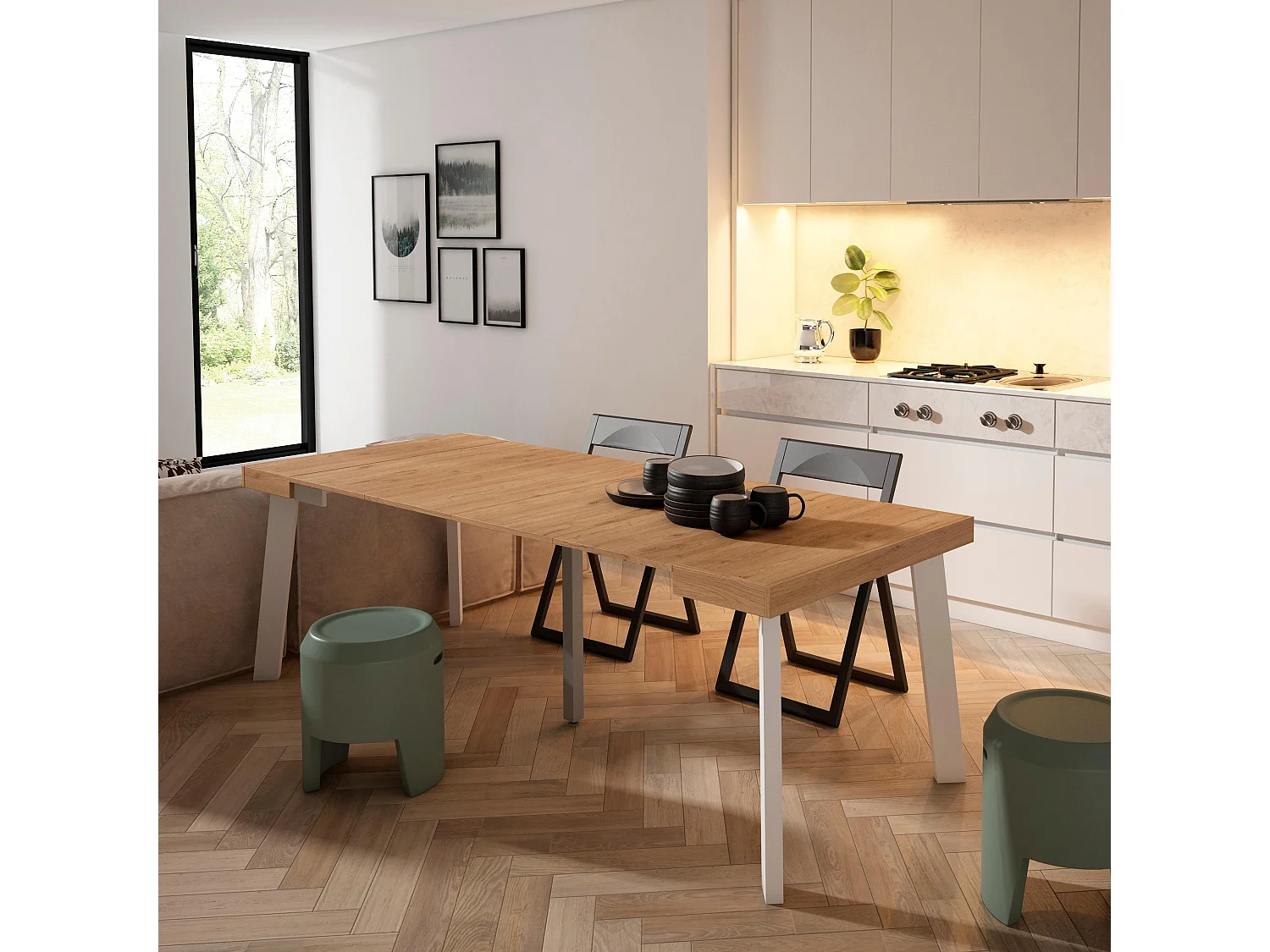 Table console extensible, 222x90x73cm, Pour 10 personnes, Pieds en bois, Chêne