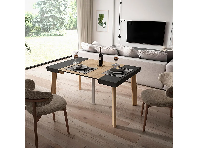 Mesa Consola extensible, 140x90x73cm, Para 6 comensales, Patas de madera, Roble y negro