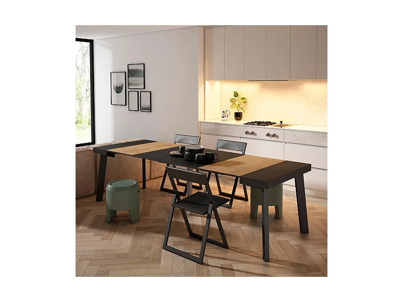 Ausziehbarertisch, 262x90x73cm, Für 12 Gäste, Hölzerne Beine, Schwarz Eiche