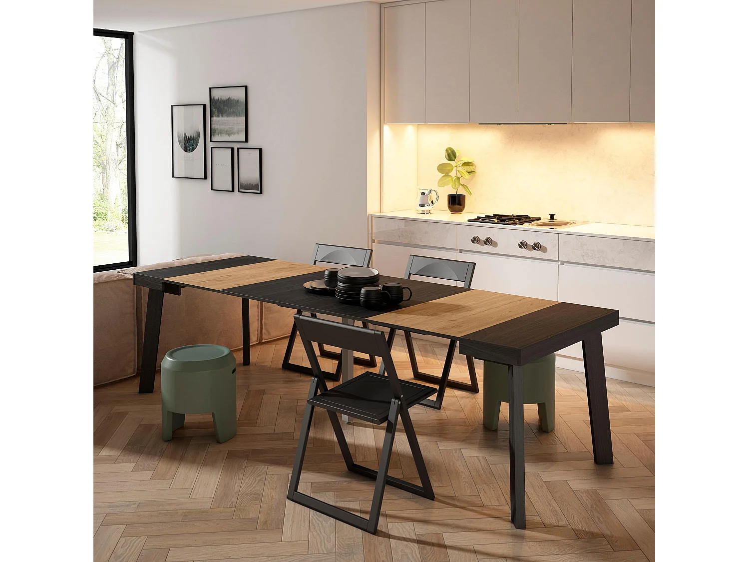 Ausziehbarertisch, 262x90x73cm, Für 12 Gäste, Hölzerne Beine, Schwarz Eiche