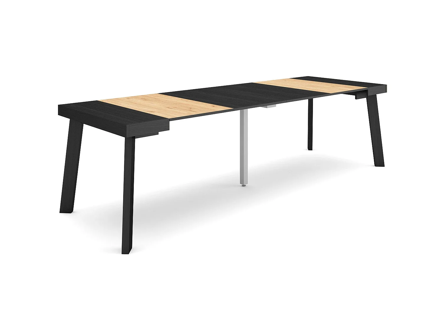 Table console extensible, 262x90x73cm, Pour 12 personnes, Pieds en bois, Noir et chêne
