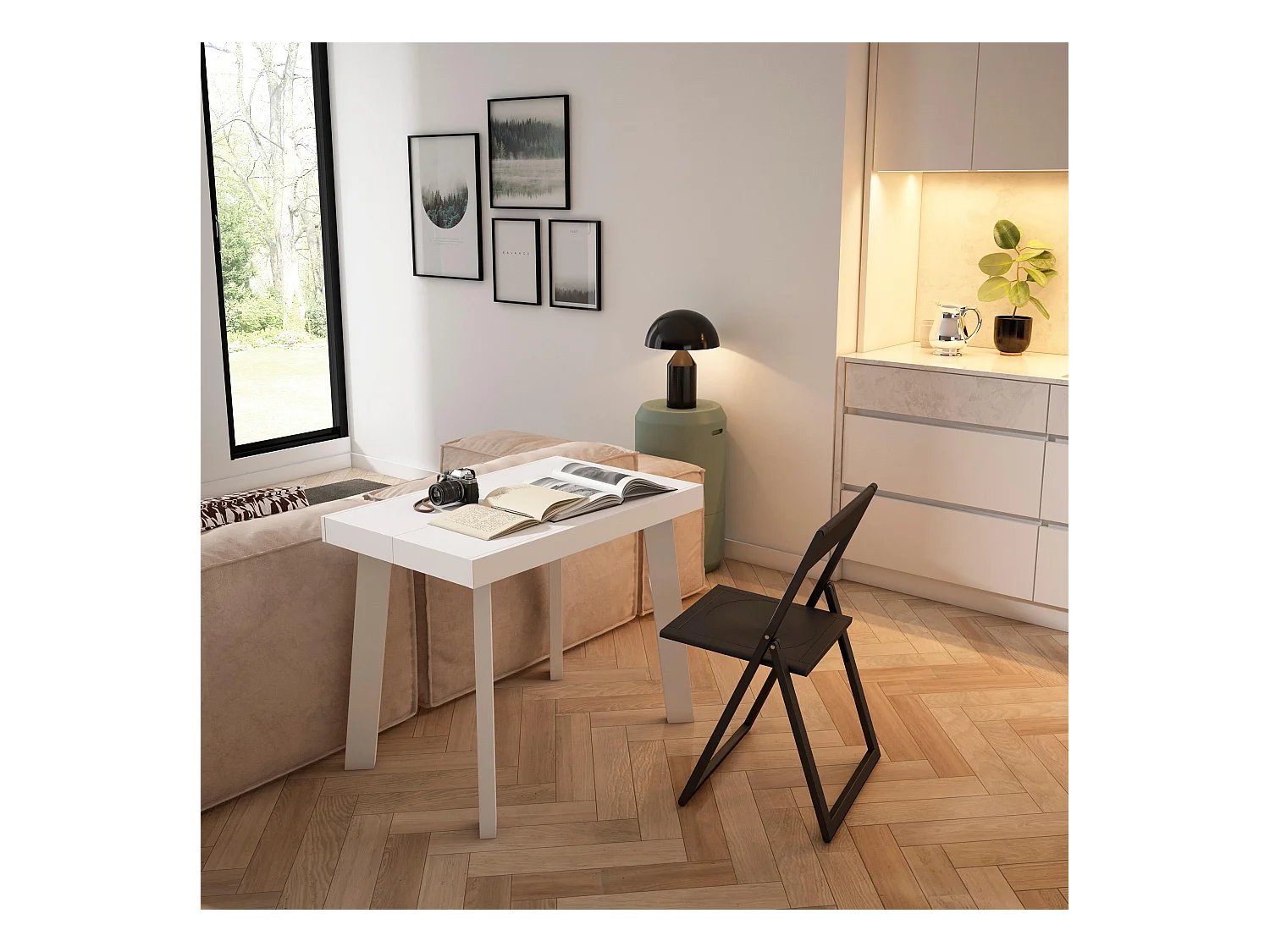 Ausziehbarertisch, 302x90x73cm, Für 14 Gäste, Hölzerne Beine, Weiß