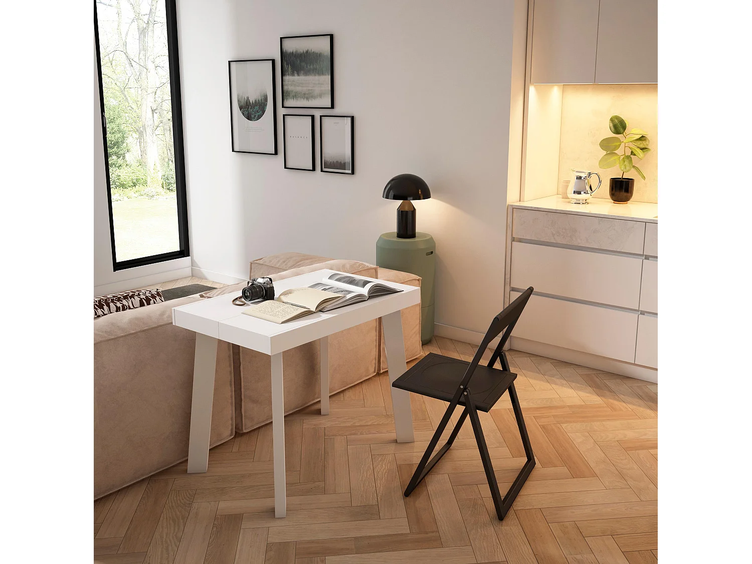 Table console extensible, 302x90x73cm, Pour 14 personnes, Pieds en bois, Blanc