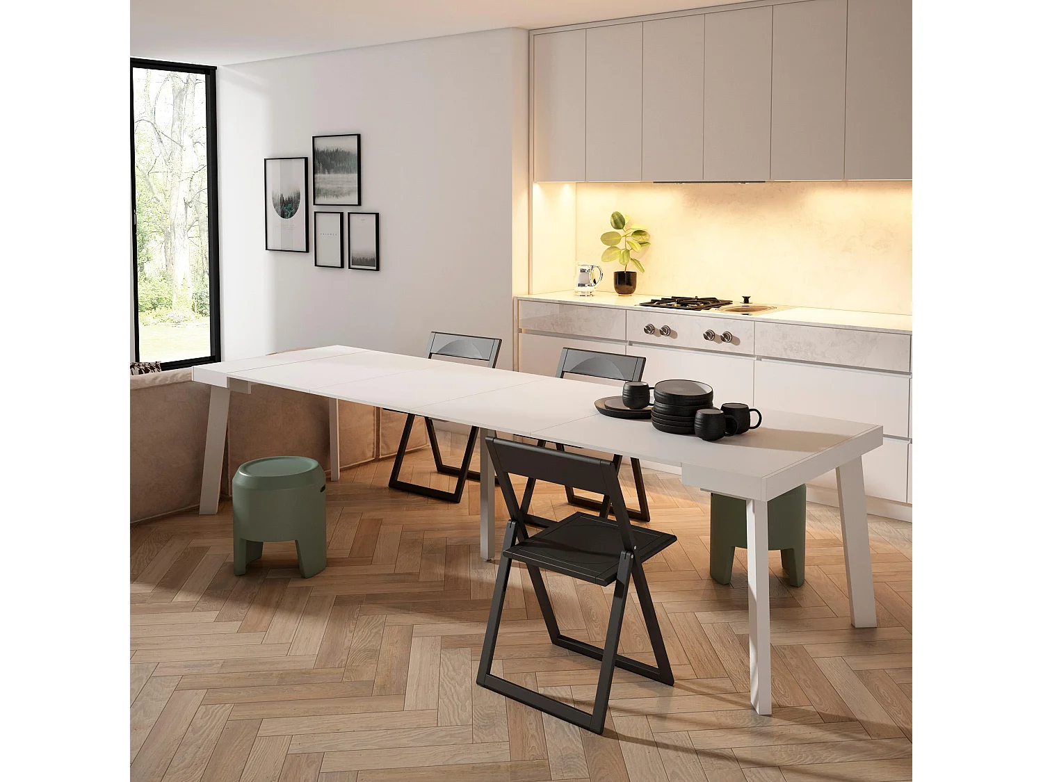 Table console extensible, 302x90x73cm, Pour 14 personnes, Pieds en bois, Blanc