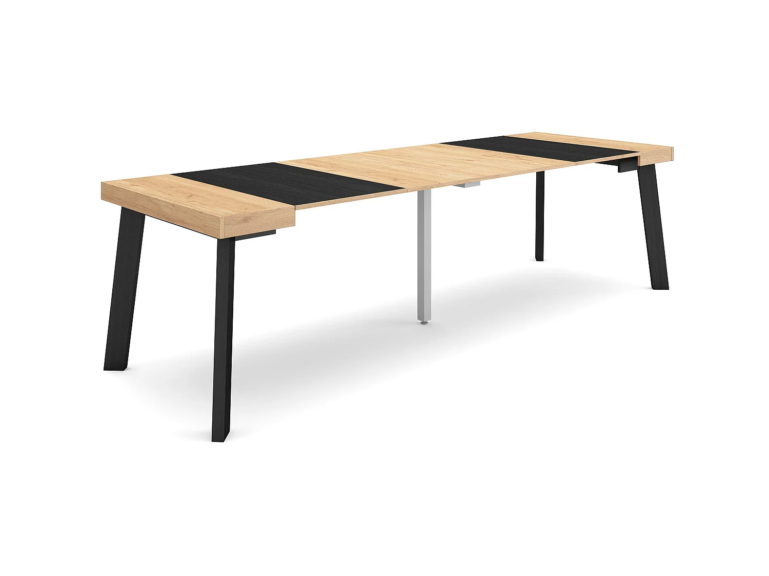 Table console extensible, 262x90x73cm, Pour 12 personnes, Pieds en bois, Chêne et noir