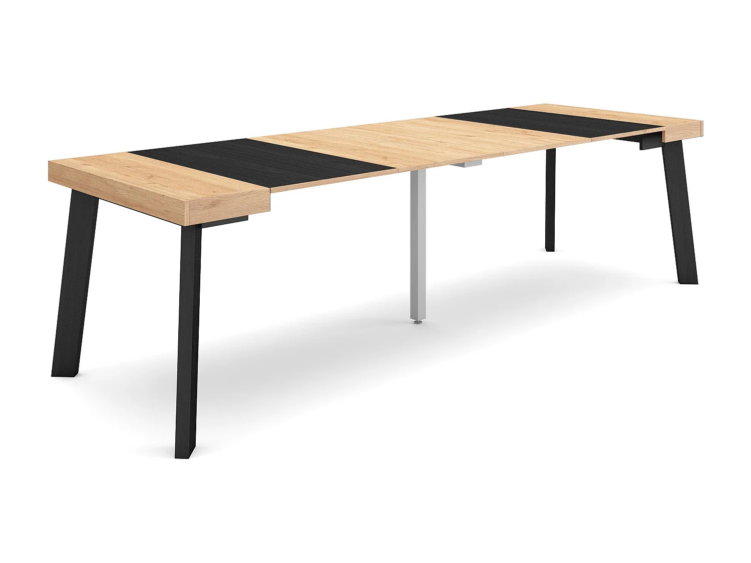 Mesa Consola extensible, 262x90x73cm, Para 12 comensales, Patas de madera, Roble y negro