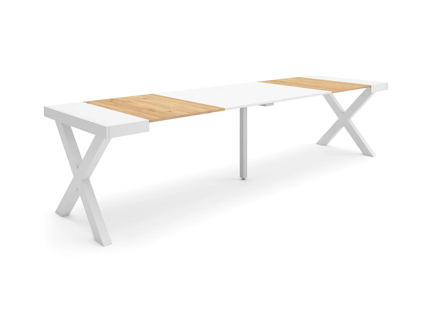 Table console extensible, 302x90x73cm, Pour 14 personnes, Pieds bois massif, Chêne et blanc