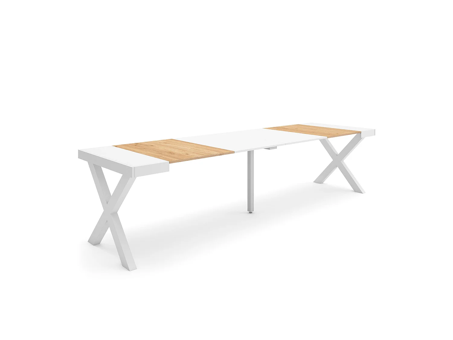 Table console extensible, 302x90x73cm, Pour 14 personnes, Pieds bois massif, Chêne et blanc