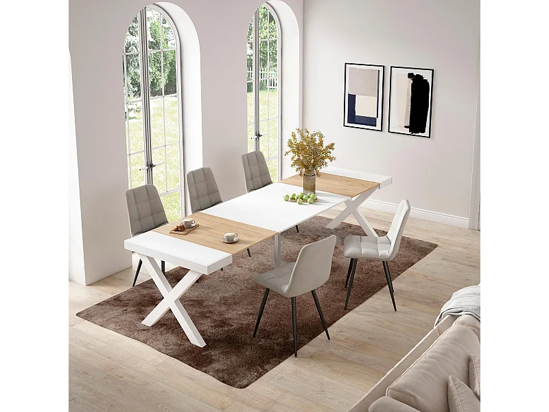Table console extensible, 302x90x73cm, Pour 14 personnes, Pieds bois massif, Chêne et blanc