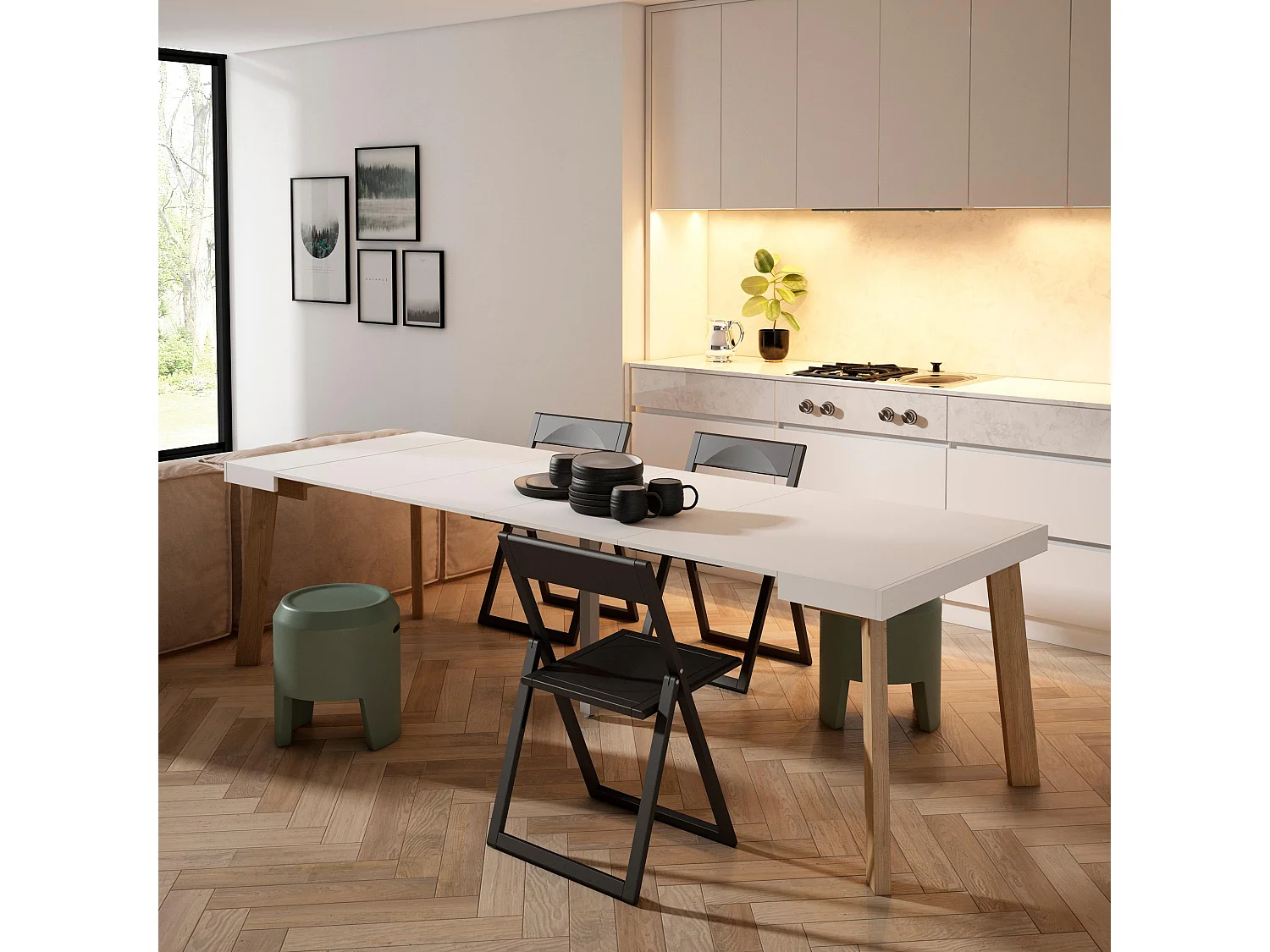 Uitschuifbare Consoletafel, 262x90x73cm, Voor 12 personen, Houten poten, Wit