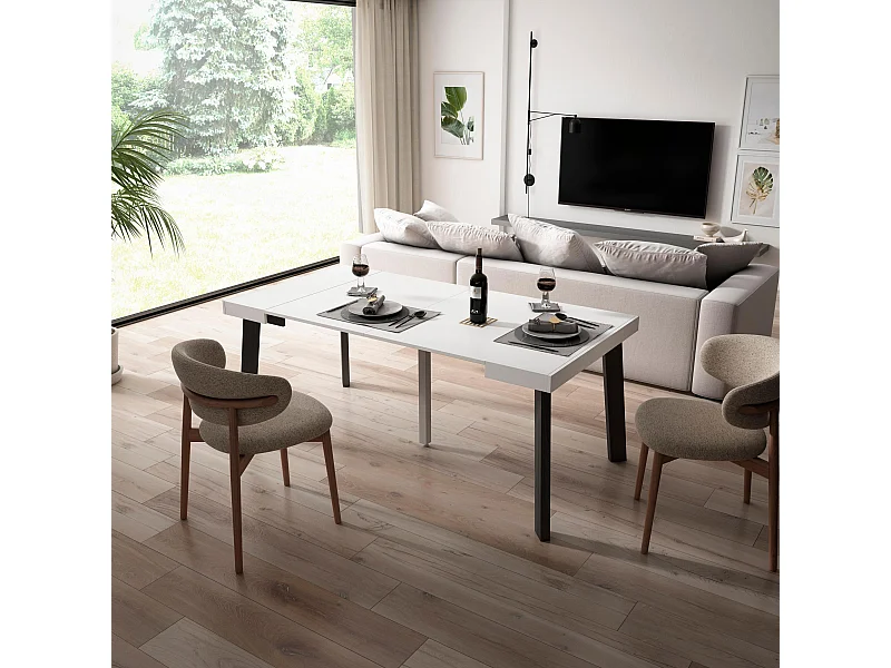 Uitschuifbare Consoletafel, 180x90x73cm, Voor 8 personen, Houten poten, Wit en Zwart