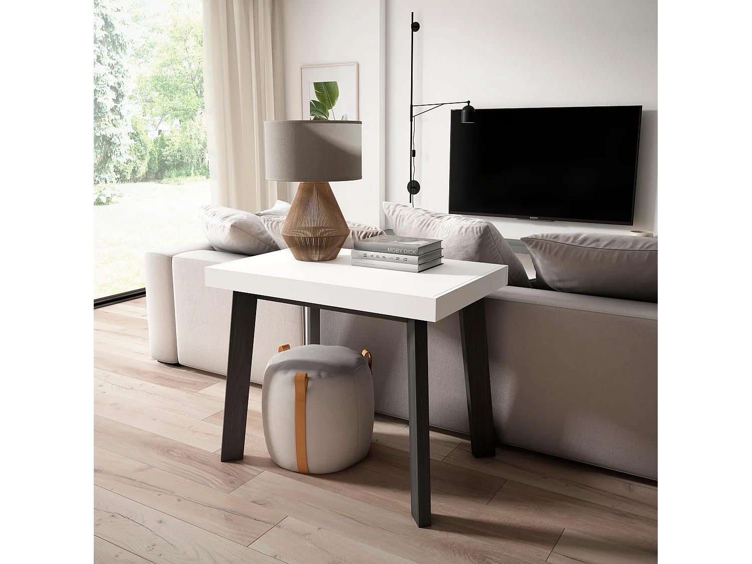 Uitschuifbare Consoletafel, 180x90x73cm, Voor 8 personen, Houten poten, Wit en Zwart