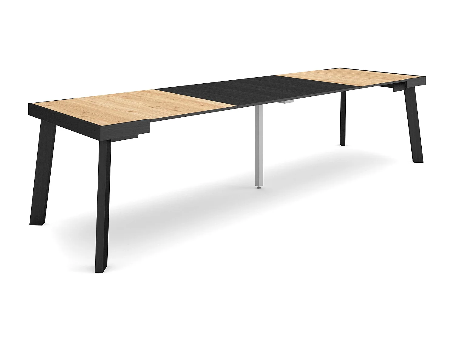 Table console extensible, 302x90x73cm, Pour 14 personnes, Pieds en bois, Chêne et noir