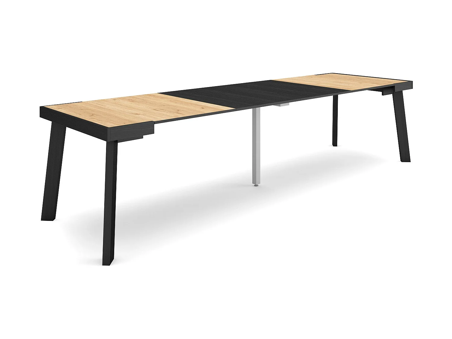 Table console extensible, 302x90x73cm, Pour 14 personnes, Pieds en bois, Chêne et noir