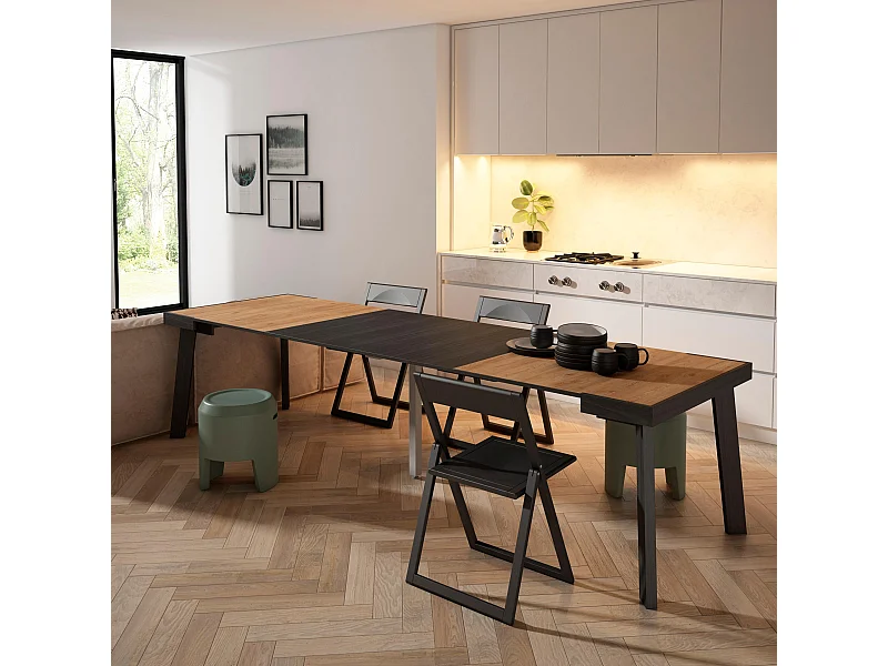 Table console extensible, 302x90x73cm, Pour 14 personnes, Pieds en bois, Chêne et noir