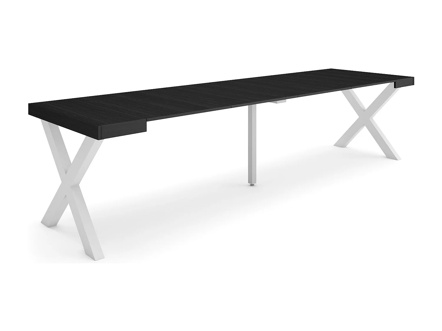 Ausziehbarertisch, 302x90x73cm, Für 14 Gäste, Massivholz Beine, Schwarz
