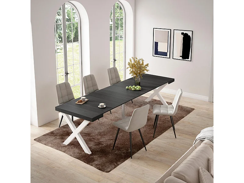 Uitschuifbare Consoletafel, 302x90x73cm, Voor 14 personen, Massief houten poten, Zwart