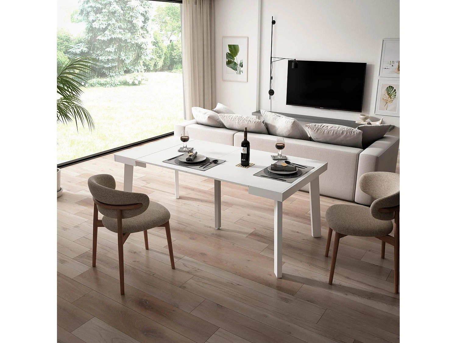 Uitschuifbare Consoletafel, 180x90x73cm, Voor 8 personen, Houten poten, Wit