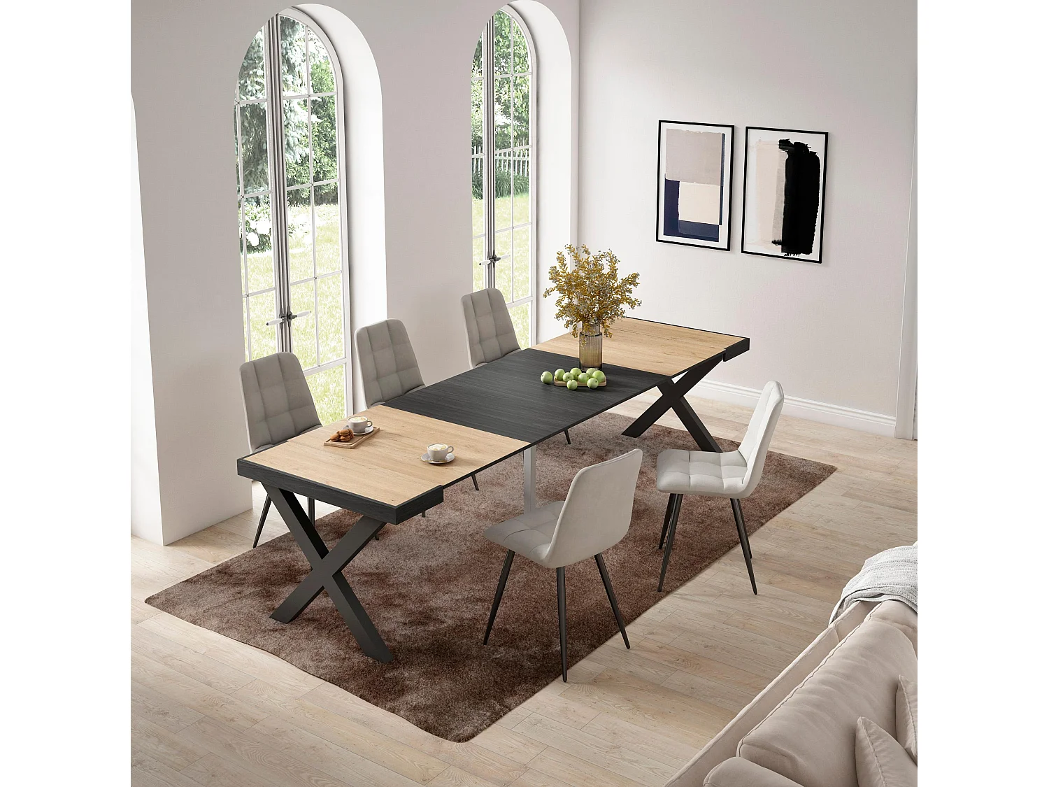 Mesa Consola Extensível, 302x90x73cm, Para 14 pessoas, Pés de madeira, Carvahlo e preto