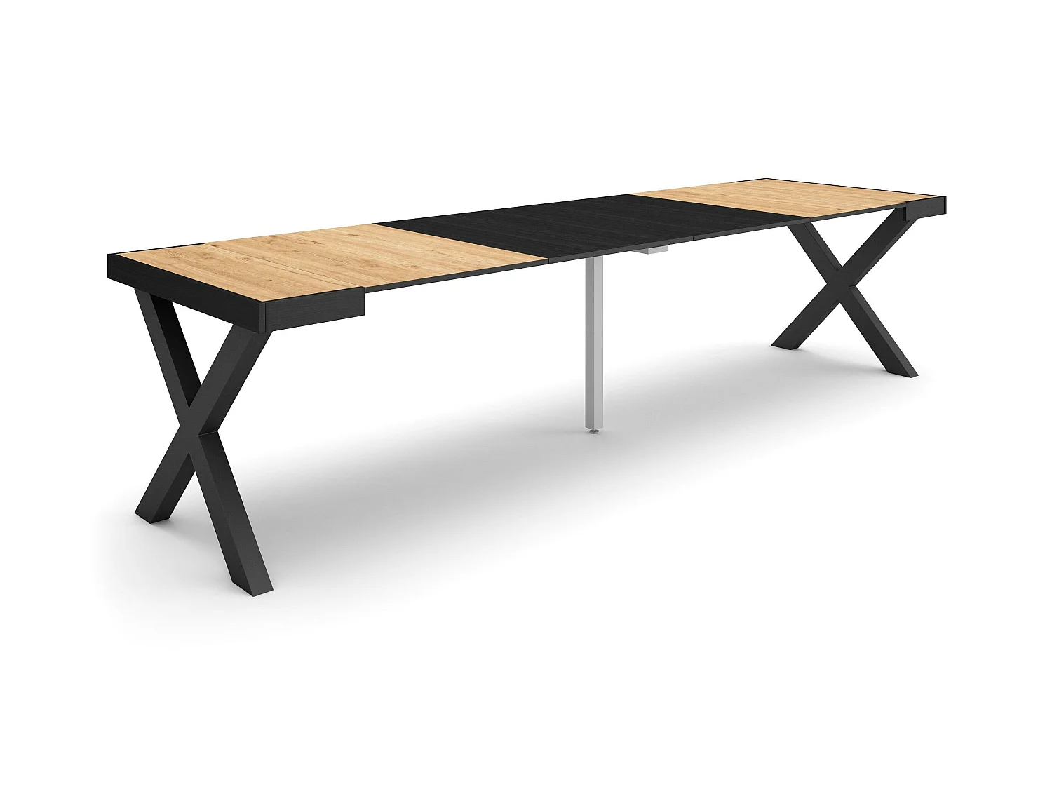 Table console extensible, 302x90x73cm, Pour 14 personnes, Pieds bois massif, Chêne et noir