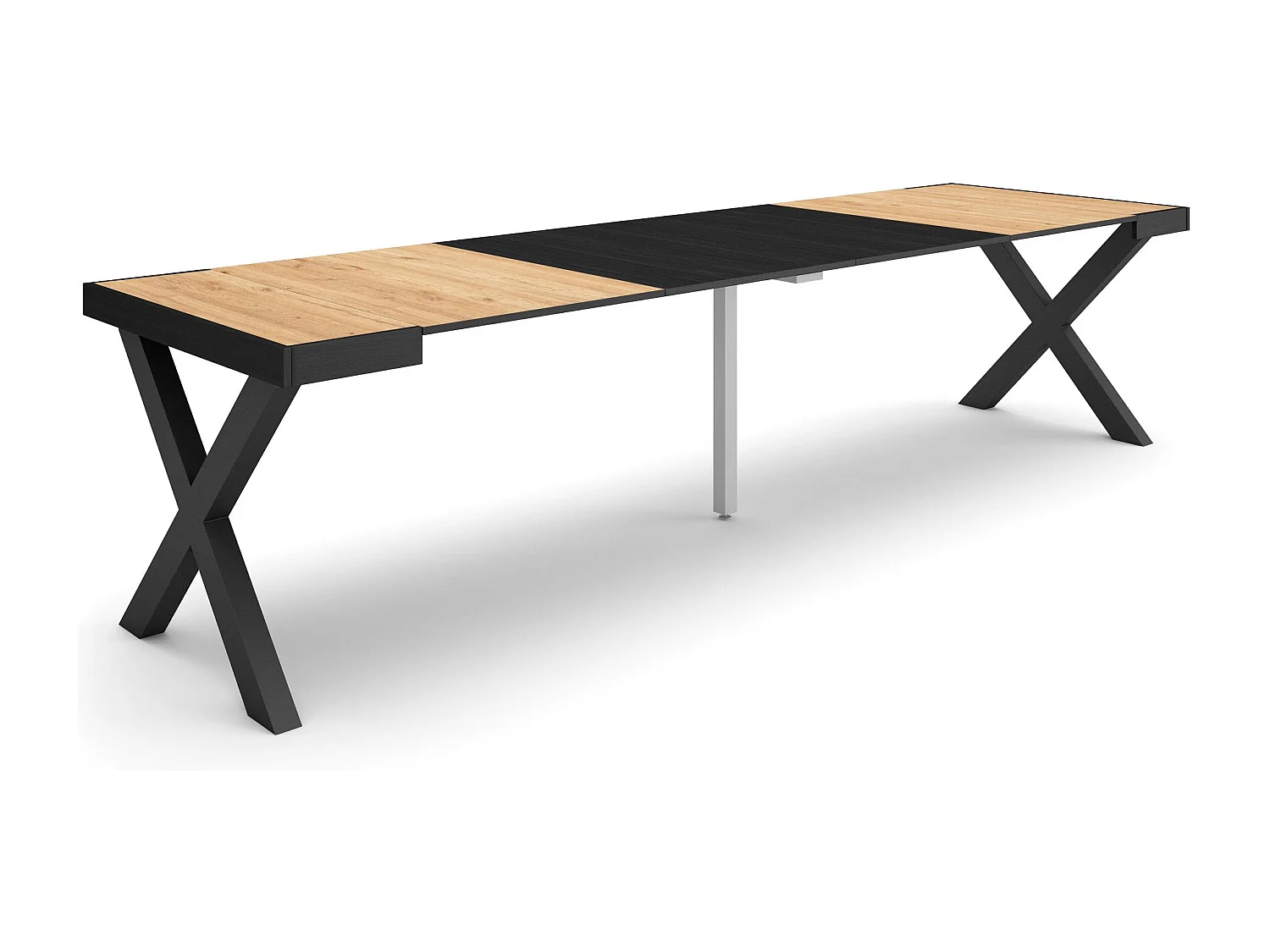 Uitschuifbare Consoletafel, 302x90x73cm, Voor 14 personen, Massief houten poten, Eiken/Zwart